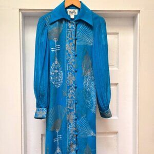 Vintage 1970s Alfred Shaheen Maxi Dress – Turquoise Blue with Gold Hand-Painted
